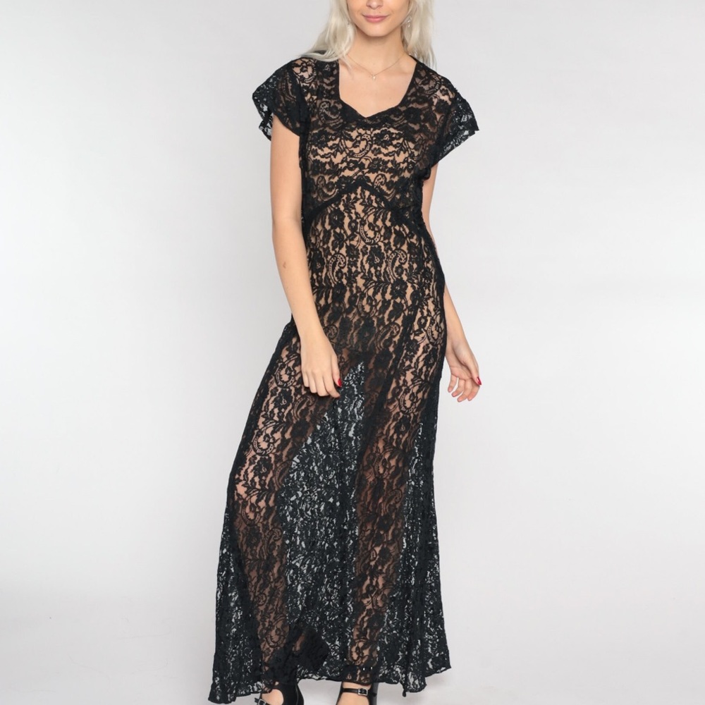 Vintage 60s Sheer Lace Maxi Dress in Black